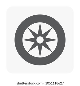 Wheel vector design for icon, sign consist of rims, tire. Automotive parts for change, replacement in auto car, motor vehicle, automobile. Round and modern. Made of metal, steel or aluminum alloy.