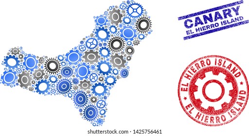 Wheel vector El Hierro Island map mosaic and stamps. Abstract El Hierro Island map is designed of gradiented randomized cogwheels. Engineering geographic plan in gray and blue colors,