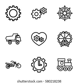 wheel vector icons. Set of 9 wheel outline icons such as gear, Ferris wheel, train toy, toy car, helm, gear heart, clock in gear