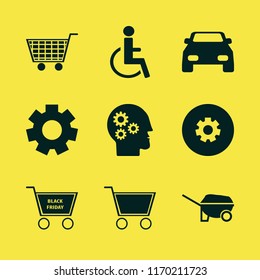 wheel vector icons set. with gear head, car, shopping cart and gear in set