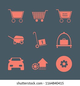 wheel vector icons set. with handcart, wheelbarrow, baggage cart and car in set