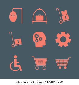 wheel vector icons set. with shopping cart, gear head, handcart and computer mouse in set