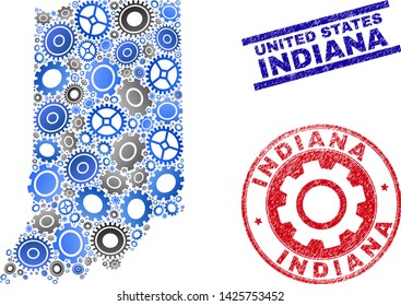 Wheel vector Indiana State map composition and seals. Abstract Indiana State map is organized from gradient randomized gearwheels. Engineering territorial plan in gray and blue colors,