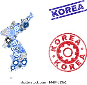 Wheel vector Korea map collage and stamps. Abstract Korea map is designed from gradiented random gear wheels. Engineering territorial scheme in gray and blue colors,