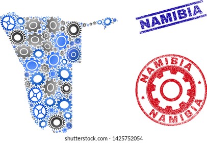 Wheel vector Namibia map mosaic and seals. Abstract Namibia map is designed of gradiented scattered cogwheels. Engineering territory plan in gray and blue colors,