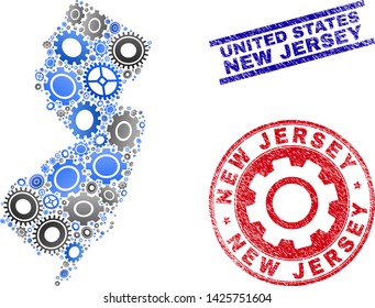 Wheel vector New Jersey State map composition and stamps. Abstract New Jersey State map is created from gradient random gears. Engineering territory scheme in gray and blue colors,