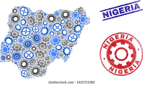 Wheel vector Nigeria map collage and seals. Abstract Nigeria map is formed with gradiented random gear wheels. Engineering territory scheme in gray and blue colors,