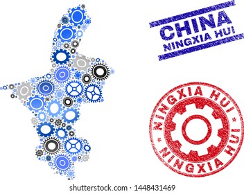 Wheel vector Ningxia Hui Region map mosaic and seals. Abstract Ningxia Hui Region map is designed with gradiented random gears. Engineering territorial scheme in gray and blue colors,