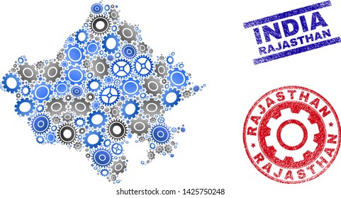 Wheel vector Rajasthan State map collage and seals. Abstract Rajasthan State map is organized from gradiented scattered gearwheels. Engineering geographic plan in gray and blue colors,