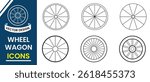 Wheel wagon vector icon set. Wooden wagon wheel sign and symbol design with editable stroke. Set of  Wooden wheel,  cartwheel isolated on white background. Vector illustration.