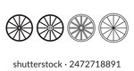 Wheel wagon vector set of icon. black collection wooden cartwheel wagon, Wooden wheel black vector set on white background.