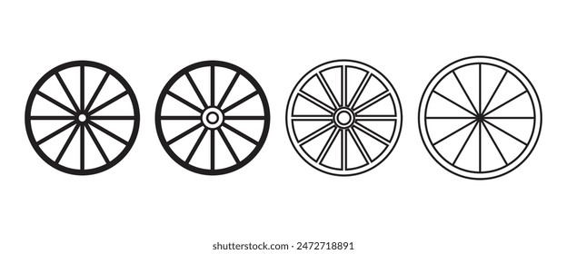 Wheel wagon vector set of icon. black collection wooden cartwheel wagon, Wooden wheel black vector set on white background.