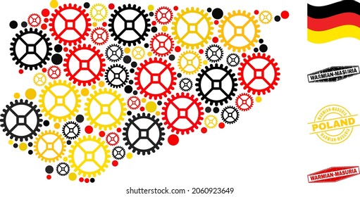 Wheel Warmian-Masurian Voivodeship map mosaic and seals. Vector collage is designed of service icons in different sizes, and German flag official colors - red, yellow, black.