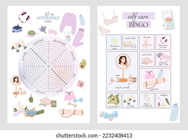 Wheel of wellness and bingo inspiration posters. Self care, Mental health, Body care posters. Editable vector illustration