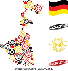 Wheel West Bengal State map collage and stamps. Vector collage composed with service icons in different sizes, and German flag official colors - red, yellow, black.