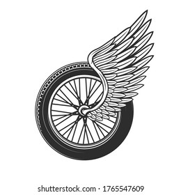 Wheel with wing, racing symbol or tattoo, speedway racing club, car and motorcycle rally races icon. Sport car championship and bike racing speedway cup tournament wheel with feather wing