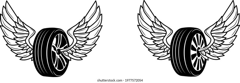 Wheel with wing, racing symbol or tattoo, speedway racing club, car and motorcycle rally races icon. Sport car championship and bike racing speedway cup tournament wheel with feather wing

