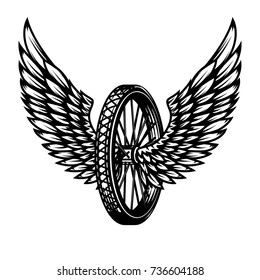Wheel with wings. Design element for logo, label, emblem,sign, badge,, t-shirt, poster. Vector illustration