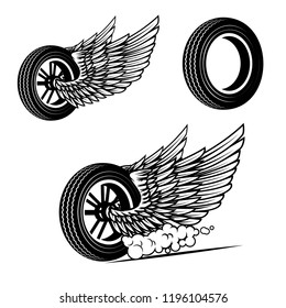 Wheel with wings illustration isolated on white background. Design element for poster, card, banner, sign, emblem, t shirt. Vector illustration