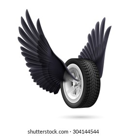 Wheel with wings isolated on white background with shadow