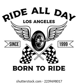 Wheel with wings and race flag vector design