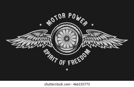 Wheel and wings - the spirit of freedom. Emblem, t-shirt design. For a dark background.