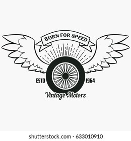 Wheel with wings. Vintage hipster logo. Print for design clothes, t-shirt stamp with ribbon and sunburst. Typography of motor racer apparel. Vector illustration.