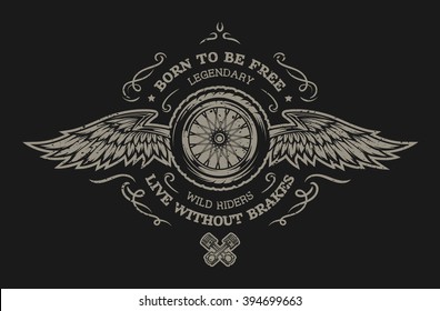 Wheel and wings in vintage style. Emblem, symbol, t-shirt graphic. For dark background.