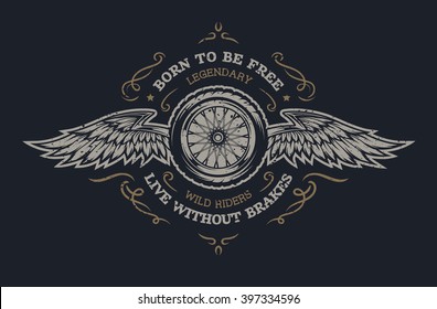 Wheel and wings in vintage style. Emblem, symbol, t-shirt graphic. For dark background.