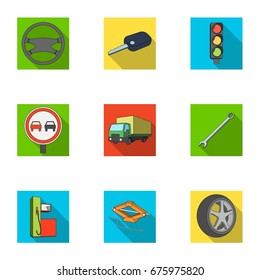 Wheel, wrench, jack and other equipment. Car set collection icons in flat style vector symbol stock illustration web.