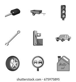 Wheel, wrench, jack and other equipment. Car set collection icons in monochrome style vector symbol stock illustration web.