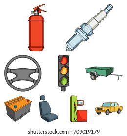 Wheel, wrench, jack and other equipment. Car set collection icons in cartoon style vector symbol stock illustration web.