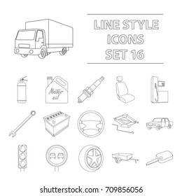 Wheel, wrench, jack and other equipment. Car set collection icons in outline style vector symbol stock illustration web.