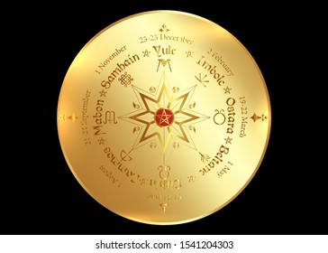 Wheel of the Year is an annual cycle of seasonal festivals, observed by many modern Pagans. Wiccan calendar and holidays. Compass with in the middle pentagram symbol, names in Celtic of the Solstices