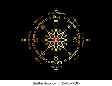 Wheel of the Year is an annual cycle of seasonal festivals, observed by many modern Pagans. Wiccan calendar and holidays. Compass with in the middle pentagram symbol, names in Celtic of the Solstices