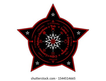 Wheel of the Year is an annual cycle of seasonal festivals, observed by many modern Pagans. Wiccan calendar and holidays. Compass with in the middle pentagram symbol, names in Celtic of the Solstices