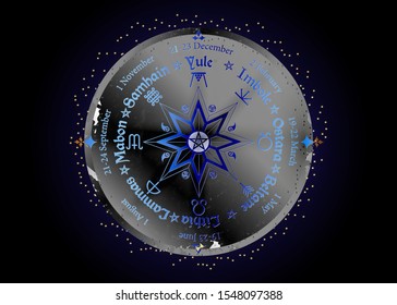 Wheel of the Year is an annual cycle of seasonal festivals, observed by many modern Pagans. Wiccan calendar and holidays. Compass with in the middle pentagram symbol, names in Celtic of the Solstices