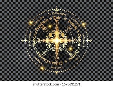 wheel of the Year is an annual cycle of seasonal festivals. Gold Wiccan calendar and holidays. Compass with triple moon Wicca pagan goddess and moon phases symbol, names in Celtic of the Solstices