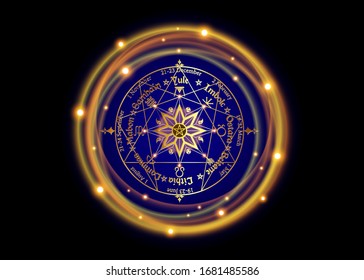 Wheel of the Year is an annual cycle of seasonal festivals, enneagram by many modern Pagans. Wiccan calendar and holidays. Compass with in the middle pentagram symbol, names in Celtic of the Solstices