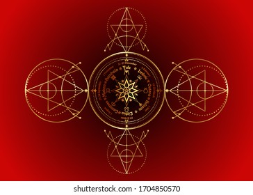 Wheel of the Year is an annual cycle of seasonal festivals, observed by many modern Pagans. Wiccan calendar and holidays. Gold compass sign Sacred Geometry, names in Celtic of the Solstices, isolated 