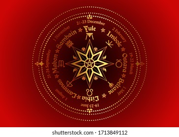 Wheel of the Year is an annual cycle of seasonal festivals, observed by many modern Pagans. Wiccan calendar and holidays. Compass with in the middle pentagram symbol, names in Celtic of the Solstices