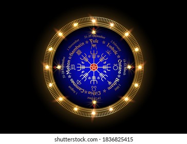 Wheel of the Year is an annual cycle of seasonal festivals, observed by many modern Pagans. Wiccan calendar and holidays. Norse Vegvisir Compass and pentagram symbol, names in Celtic of the Solstices