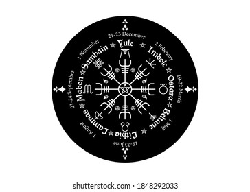 Wheel of the Year is an annual cycle of seasonal festivals, observed by many modern Pagans. Wiccan calendar and holidays. Norse Vegvisir Compass and pentagram symbol, names in Celtic of the Solstices