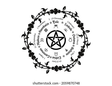 wheel of the Year is an annual cycle of seasonal festivals. Wiccan calendar and holidays. Compass with pentagram with flowers and leaves pagan symbol, names in Celtic of the Solstices, vector isolated