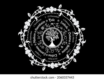 wheel of the Year is an annual cycle of seasonal festivals. Wiccan calendar and holidays. Compass with Tree of Life, flowers and leaves pagan symbol, names in Celtic of the Solstices, vector isolated