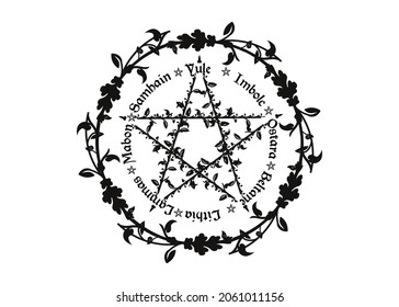 wheel of the Year is an annual cycle of seasonal festivals. Wiccan calendar and holidays. Compass with pentagram with flowers and leaves pagan symbol, names in Celtic of the Solstices, vector isolated