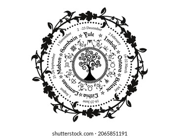 wheel of the Year is an annual cycle of seasonal festivals. Wiccan calendar and holidays. Compass with Tree of Life, flowers and leaves pagan symbol, names in Celtic of the Solstices, vector isolated