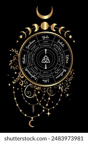 Wheel of the Year ist ein jährlicher Zyklus von saisonalen Festivals. Wiccan Kalender und Feiertage. Kompass mit Triquetra-Symbol aus bezaubertem Keltisch. Gold Boho Stil. Vektorgrafik isoliert auf schwarzem Hintergrund 