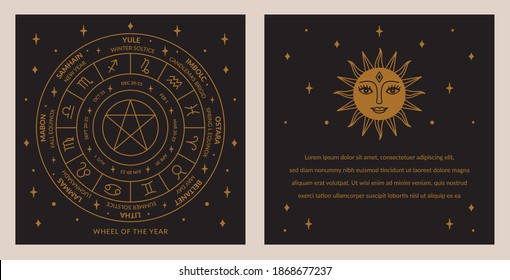 Wheel of the Year Card Wiccan Template Vector.
