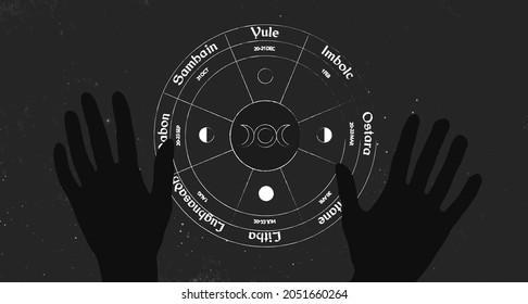 Wheel of the year with hands. Occult wicca symbols illustration